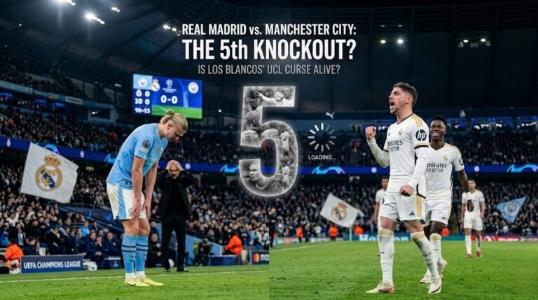 Real Madrid vs Manchester City Champions League 2026 – 5th Knockout Loading graphic featuring Federico Valverde celebrating and Erling Haaland dejected.