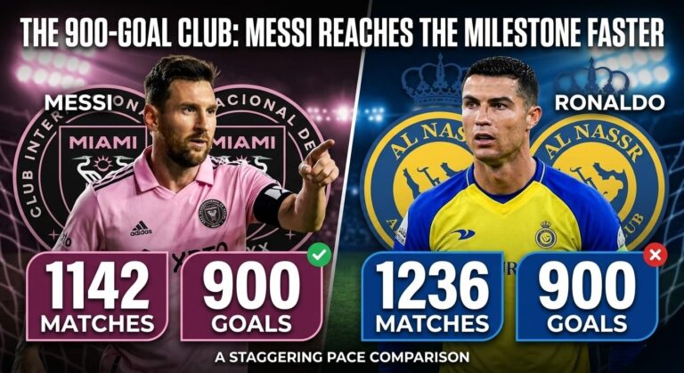 Infographic comparing Lionel Messi and Cristiano Ronaldo reaching 900 career goals in 1,142 and 1,236 matches respectively.