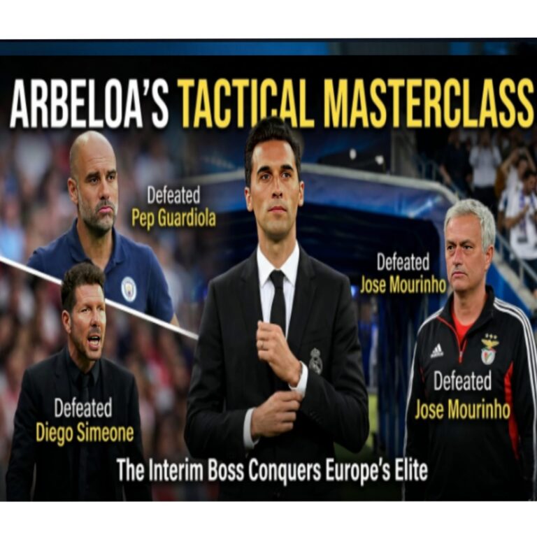 Alvaro Arbeloa Real Madrid manager tactical masterclass vs Guardiola Mourinho Simeone infographic showing youth integration pragmatism man-management and defensive solidity
