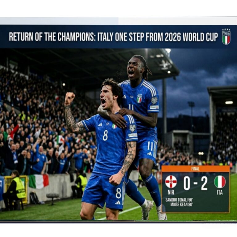 Sandro Tonali and Moise Kean celebrating Italy's 2-0 victory over Northern Ireland in 2026 World Cup Playoff.