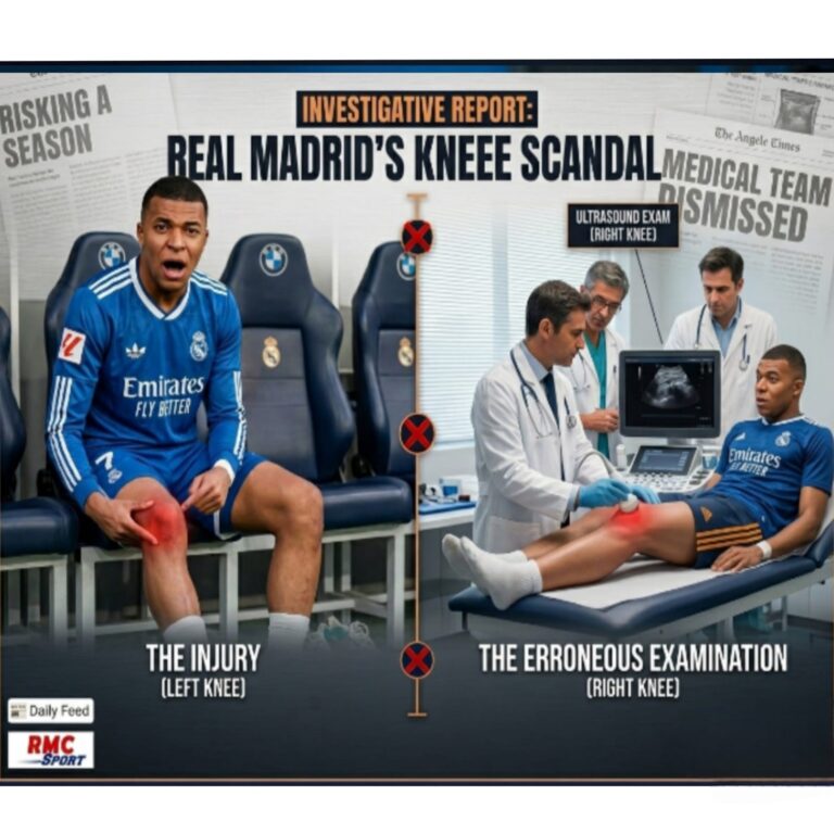 Investigative report graphic showing Kylian Mbappé’s knee injury and the Real Madrid medical misdiagnosis reported by RMC Sport.