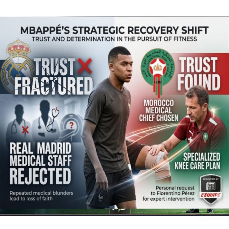 Kylian Mbappé looking determined, split screen showing a fractured Real Madrid logo and the Morocco National Team logo, illustrating his choice of Dr. Christophe Baudot for knee recovery.