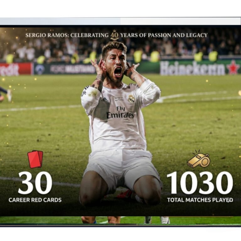 Sergio Ramos celebrating on the pitch for his 40th birthday, highlighting his career statistics of 1030 total matches played and 30 red cards