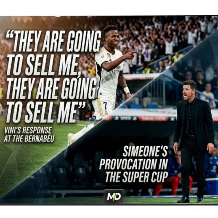 Vinicius Jr smiling and pointing at the Santiago Bernabeu alongside an angry Diego Simeone, highlighting their touchline drama during the Real Madrid vs Atletico Madrid derby.