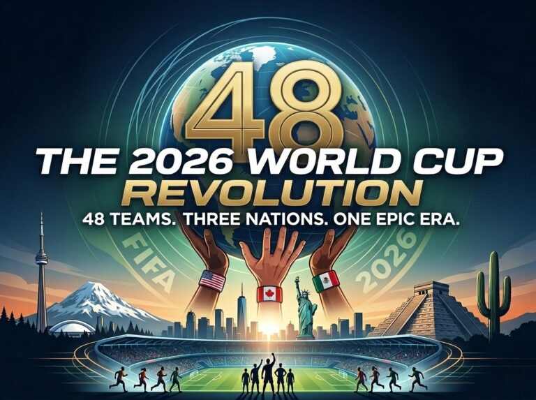 Illustration of the 2026 FIFA World Cup expansion, featuring hands with USA, Canada, and Mexico wristbands holding a globe above a modern football stadium.