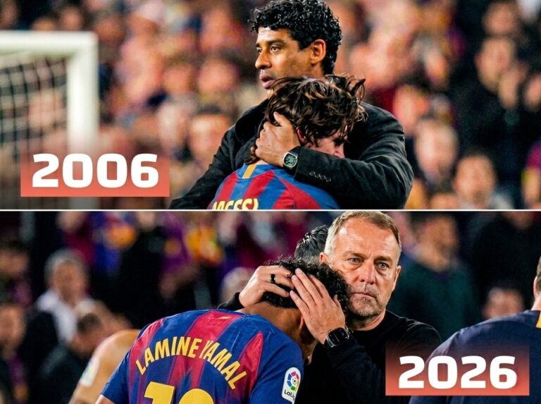 Comparative visual of Lionel Messi injury 2006 vs Lamine Yamal injury 2026 showing Barcelona managers Frank Rijkaard and Hansi Flick comforting their players.