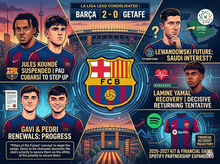 Infographic detailing the latest FC Barcelona news, featuring updates on the 2-0 win over Getafe, Robert Lewandowski transfer rumors to the Saudi Pro League, and Gavi and Pedri contract renewals
