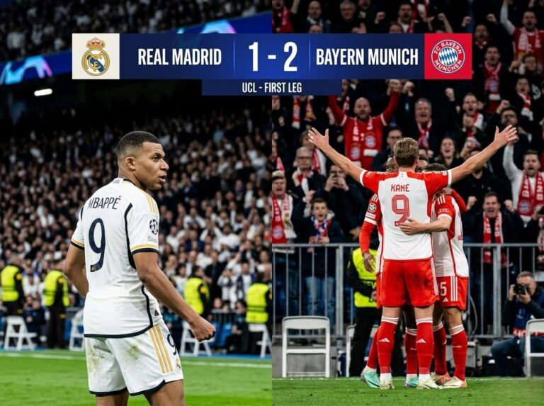 Real Madrid vs Bayern Munich UCL match report scoreboard 1-2 with Harry Kane and Kylian Mbappé.