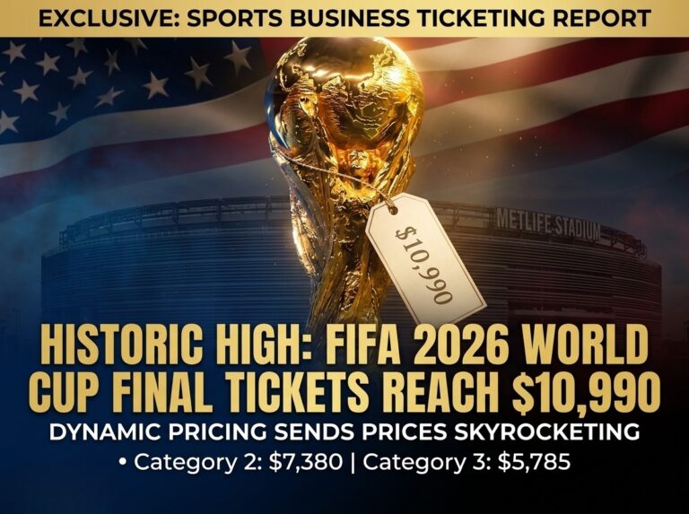 The FIFA World Cup trophy with a $10,990 price tag, illustrating the record-high dynamic pricing for the 2026 final tickets, set against a US flag and stadium background.