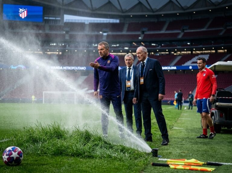 Hansi Flick complaining to UEFA officials about long grass and active sprinklers at the Metropolitano stadium during Barcelona training.