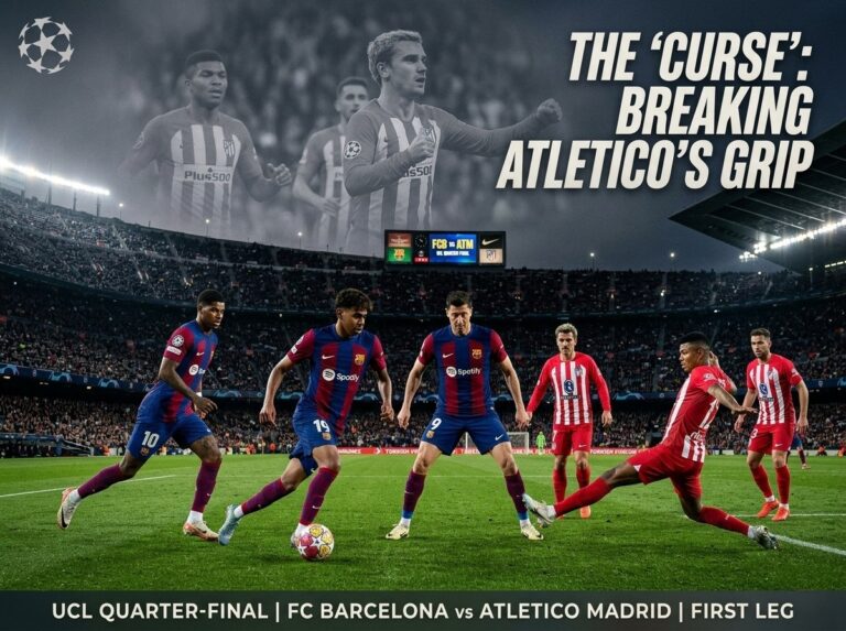 FC Barcelona vs Atletico Madrid Champions League quarter-final preview featuring Lamine Yamal, Lewandowski, and Marcus Rashford at Camp Nou