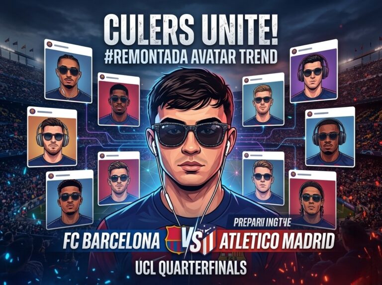 Graphic showing FC Barcelona fan avatar trend with players in sunglasses for UCL match against Atletico Madrid