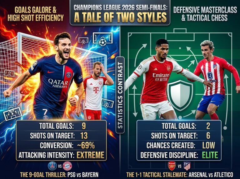 Champions League 2026 semi-finals graphic comparing the 9-goal thriller between PSG and Bayern Munich with the 1-1 tactical stalemate between Arsenal and Atletico Madrid.