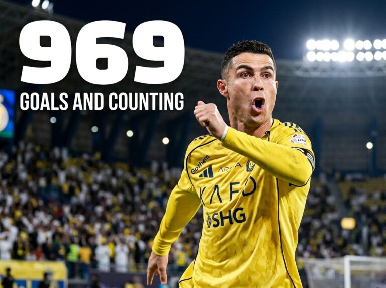Cristiano Ronaldo celebrating his 969th career goal for Al Nassr in the AFC Champions League.