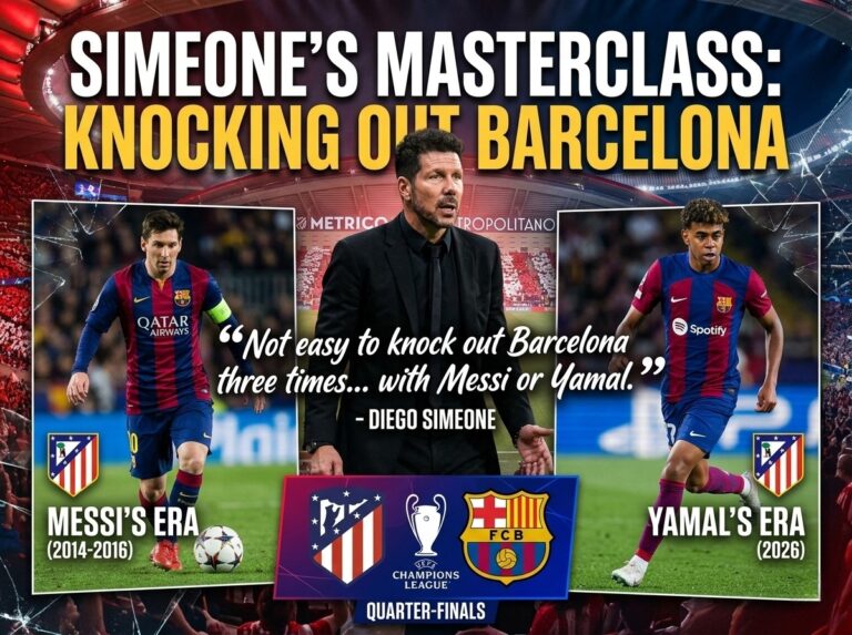 Diego Simeone graphic celebrating Atlético Madrid knocking out Barcelona in the Champions League, featuring Lionel Messi (2014) and Lamine Yamal (2026)