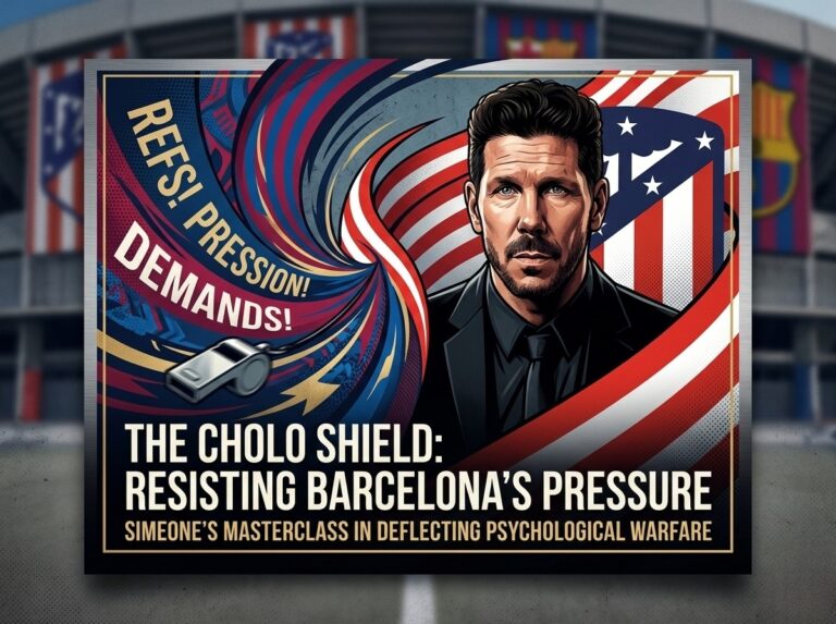 Illustration of Diego Simeone resisting referee pressure from Barcelona in La Liga