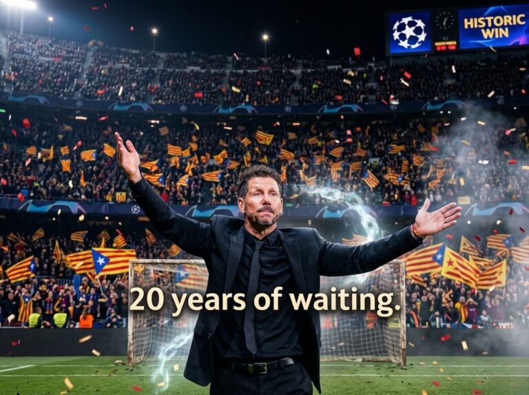 Diego Simeone celebrating Atletico Madrid's historic 2-0 Champions League win at Camp Nou, breaking a 20-year curse