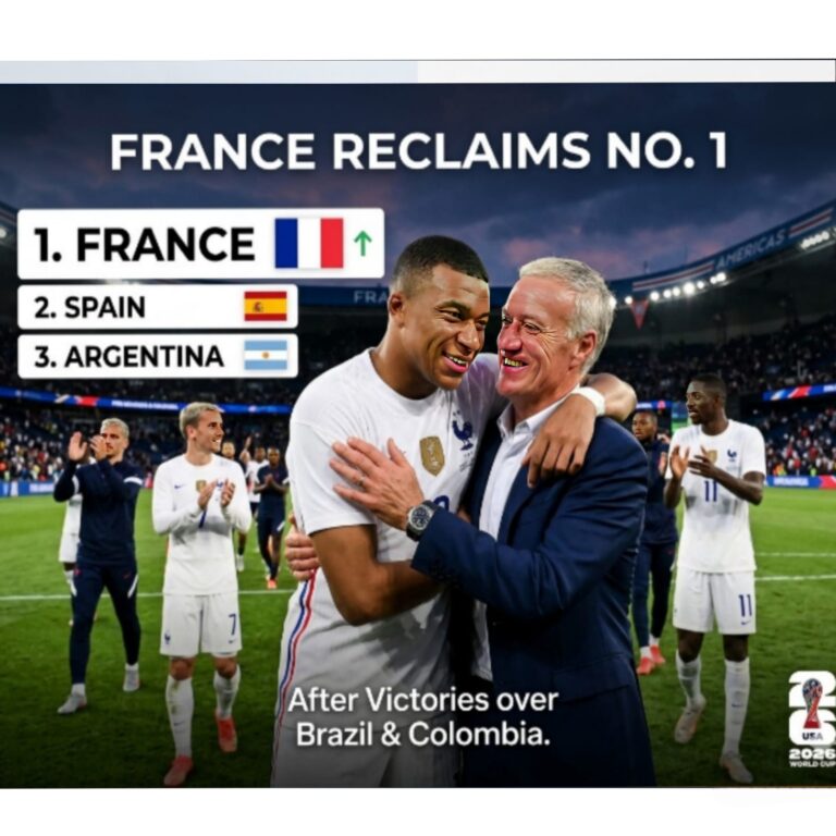 Kylian Mbappé and Didier Deschamps celebrating France returning to number 1 in FIFA rankings