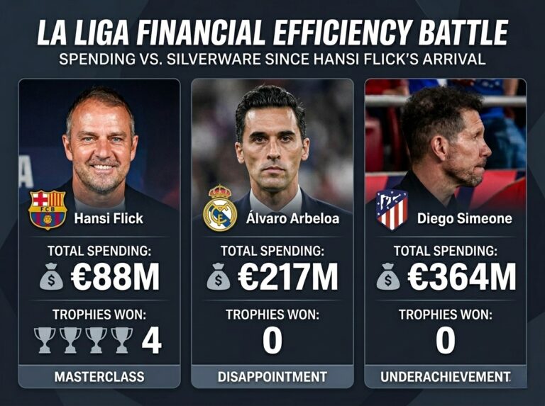 Infographic comparing La Liga managers Hansi Flick, Alvaro Arbeloa, and Diego Simeone, highlighting total spending and trophies won since Flick's arrival