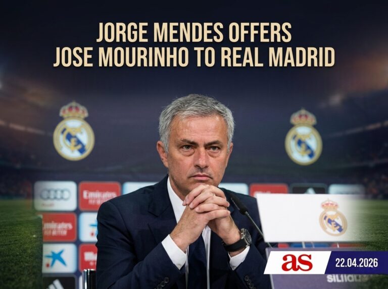 The Return of The Special One? Jorge Mendes Offers José Mourinho to Real Madrid José Mourinho in a Real Madrid press conference setting with headlines about Jorge Mendes offering his services as manager