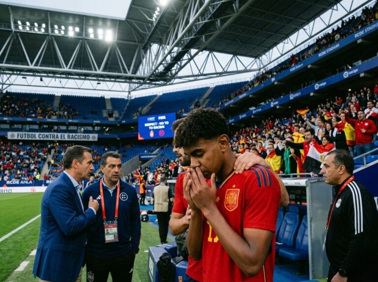 Spanish player Lamine Yamal looking visibly distressed on the sidelines, being comforted by staff during the Spain vs Egypt match at RCDE Stadium following anti-Islamic chants.