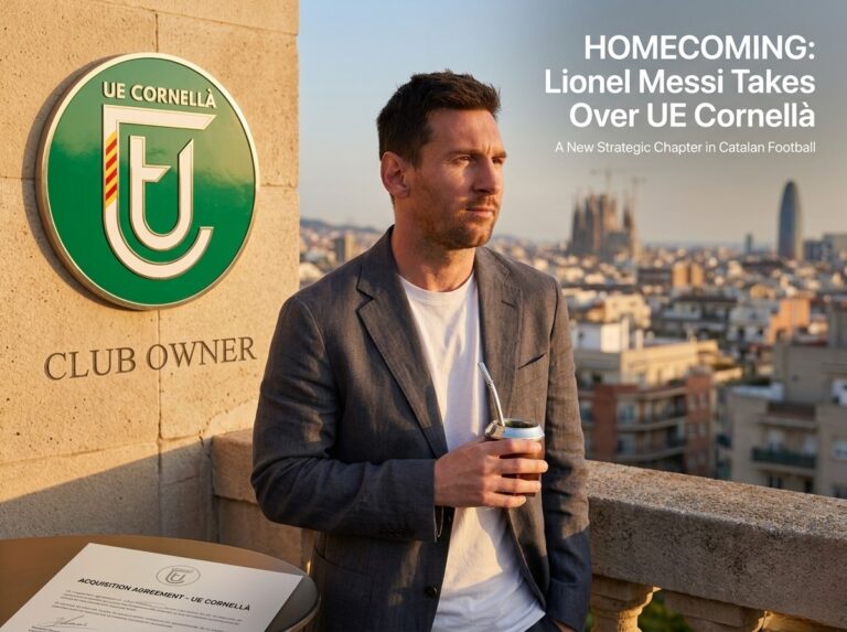 Lionel Messi standing on a balcony overlooking Barcelona, next to the UE Cornellà club logo with the headline "Homecoming: Lionel Messi Takes Over UE Cornellà."