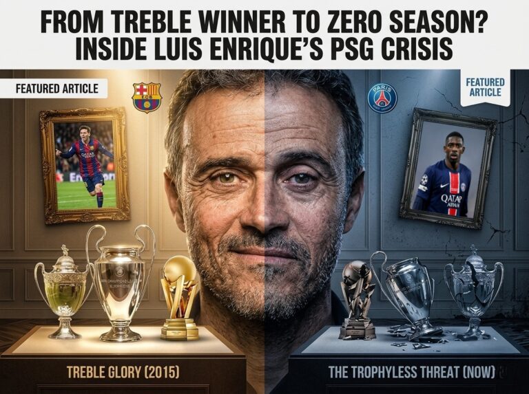 Luis Enrique PSG crisis comparison showing 2015 Barcelona treble trophies vs current PSG trophyless season threat