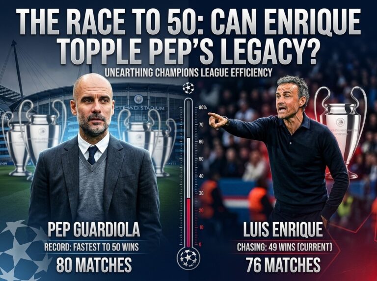Infographic comparing Pep Guardiola and Luis Enrique Champions League managerial records for fastest to 50 wins.