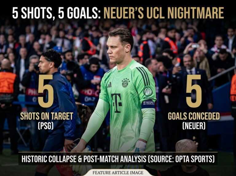 Manuel Neuer in Bayern Munich kit looking disappointed with text overlay showing 5 shots on target and 5 goals conceded vs PSG.