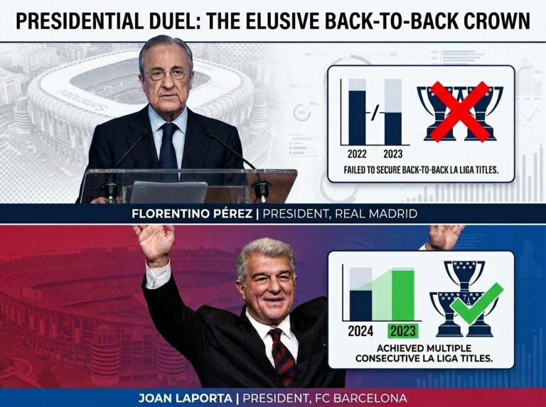 Infographic comparing Real Madrid president Florentino Perez and Barcelona president Joan Laporta's records for consecutive La Liga titles