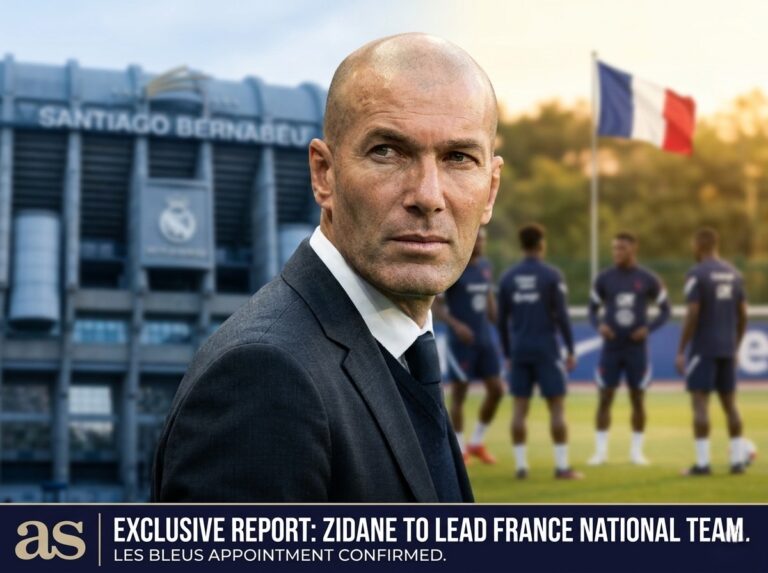 Zinedine Zidane in front of the Santiago Bernabéu and the France national team training ground, representing his choice to lead Les Bleus over Real Madrid.