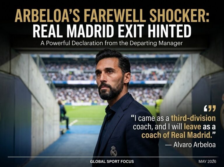 lvaro Arbeloa standing in the Real Madrid stadium tunnel with a quote about leaving his role as manager with his head held high.