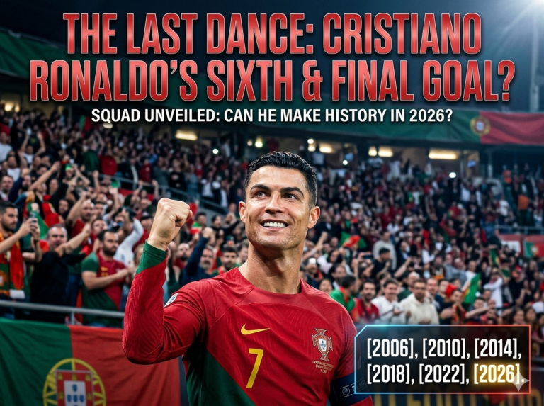 Cristiano Ronaldo celebrating in Portugal kit with text highlighting his historic 6th World Cup squad inclusion for 2026.