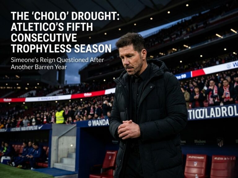 Diego Simeone looking disappointed at the Riyadh Air Metropolitano after Atlético Madrid's 2026 season exit.