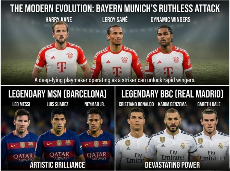 A split-screen graphic comparing Bayern Munich's modern attacking trio with Barcelona's legendary MSN and Real Madrid's BBC.