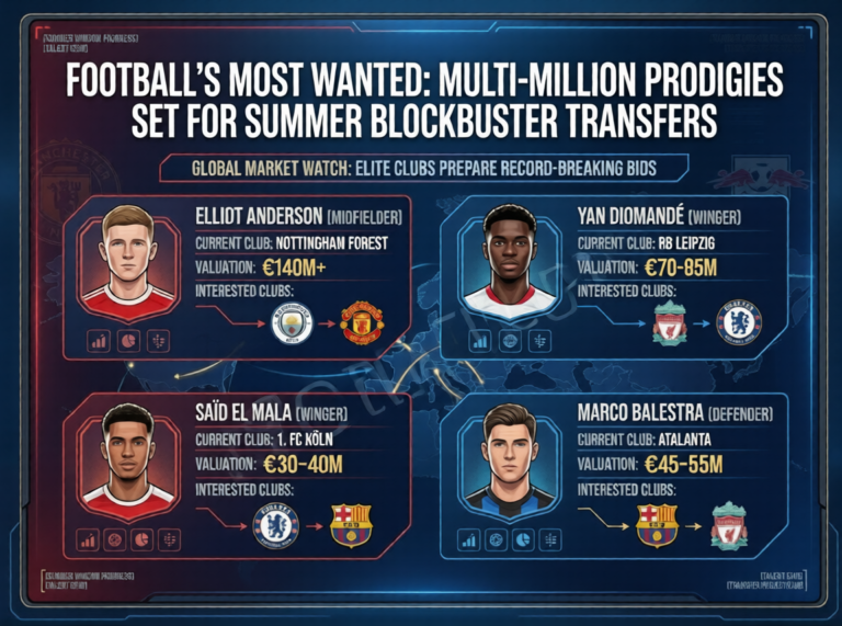 Infographic detailing summer transfer values and interested elite clubs for football prodigies Elliot Anderson, Yan Diomandé, Saïd El Mala, and Marco Balestra