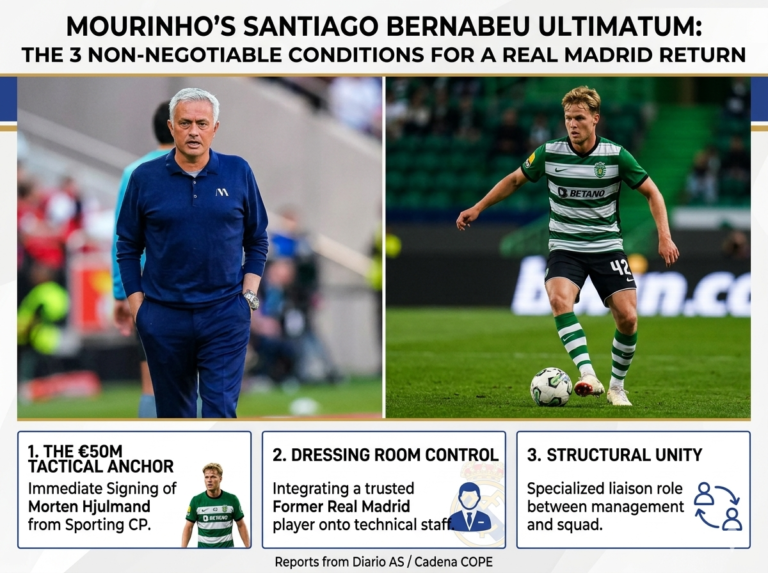 Infographic showing Jose Mourinho and Morten Hjulmand outlining the three conditions for Mourinho's return to Real Madrid.