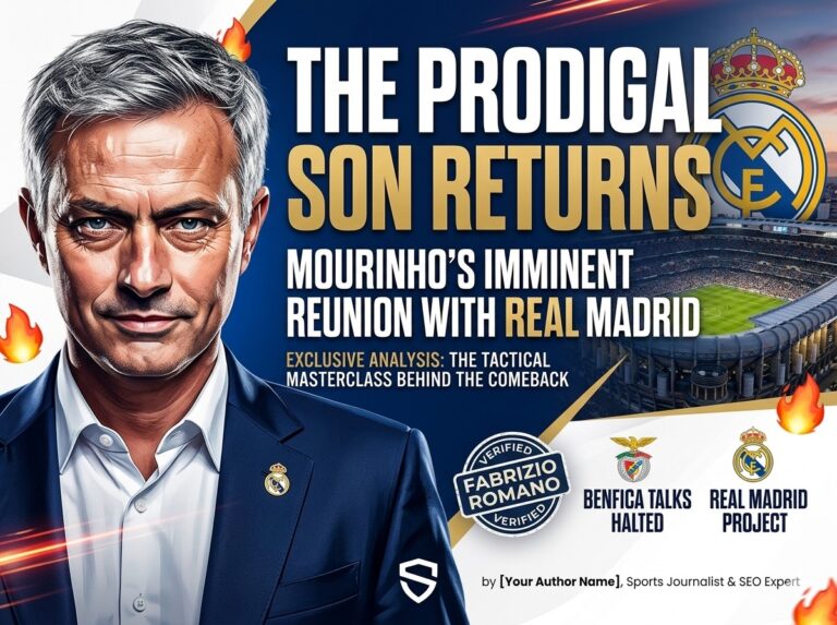 Jose Mourinho in a Real Madrid suit with the Santiago Bernabeu stadium in the background, signaling his imminent return to La Liga following reports by Fabrizio Romano.