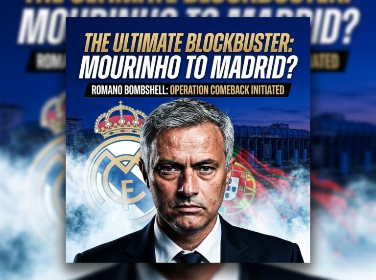 Graphic featuring Jose Mourinho with the Real Madrid crest and Santiago Bernabéu stadium in the background, titled 'The Ultimate Blockbuster: Mourinho to Madrid?' with a sub-headline regarding the Fabrizio Romano bombshell