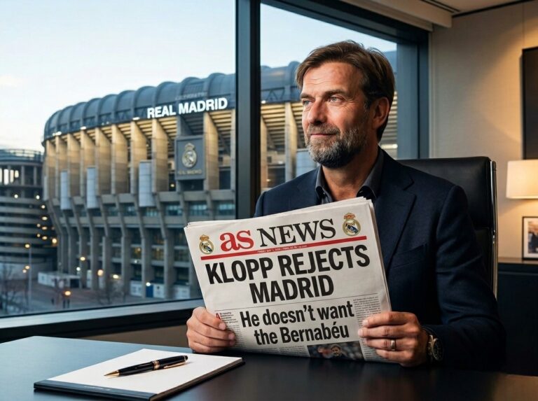 Jurgen Klopp holding an AS News newspaper with the headline Klopp Rejects Madrid in front of the Santiago Bernabéu stadium