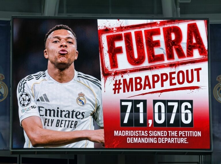 Kylian Mbappe in a Real Madrid jersey next to a graphic showing over 70,000 signatures for a petition demanding his departure with the hashtag MbappeOut.