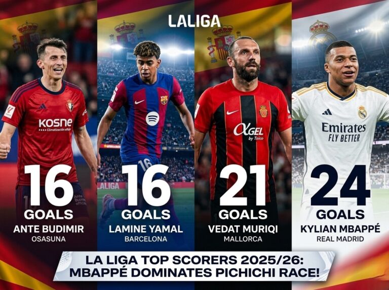 Four-panel graphic of La Liga 2025/26 top scorers: Mbappé (24 goals), Muriqi (21), Yamal (16), and Budimir (16)