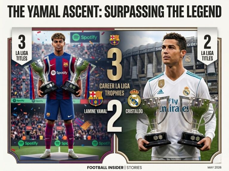 Infographic comparing Lamine Yamal with 3 La Liga titles and Cristiano Ronaldo with 2 La Liga titles, featuring Barcelona and Real Madrid stadiums