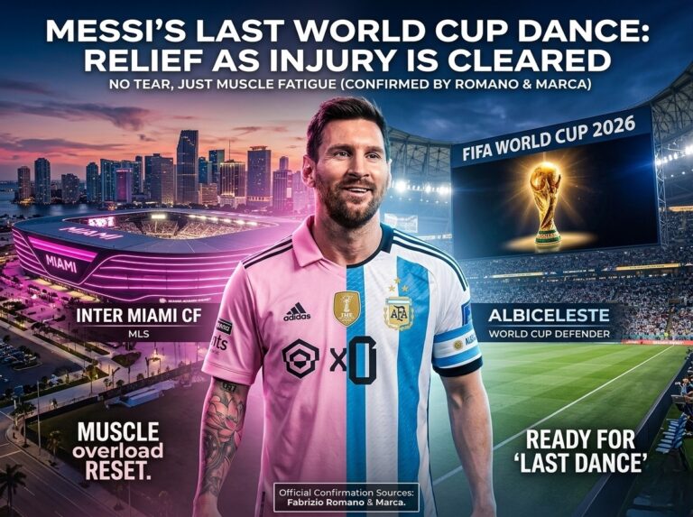 Lionel Messi split graphic showing him in Inter Miami and Argentina kits, highlighting his injury update and fitness readiness for the 2026 World Cup.
