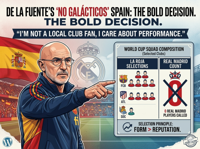Spain manager Luis de la Fuente pointing at a tactical board showing zero Real Madrid players in the World Cup squad.