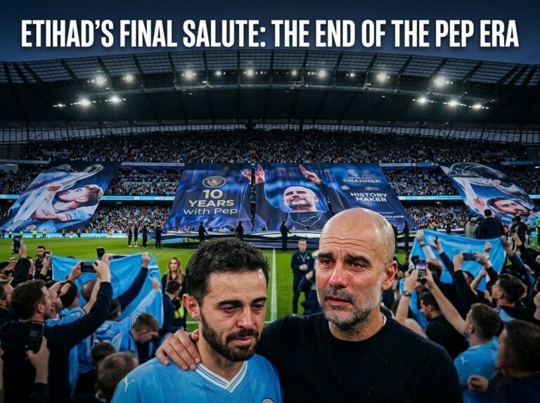 Tearful Bernardo Silva and Pep Guardiola saying goodbye to Manchester City fans at the Etihad Stadium in front of a 10 Years with Pep banner.