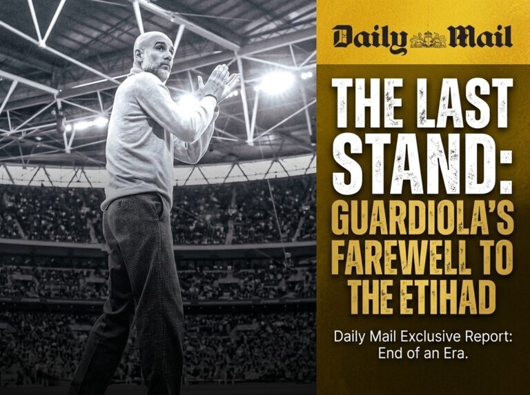 Pep Guardiola clapping at the Etihad Stadium with text highlighting his departure from Manchester City.