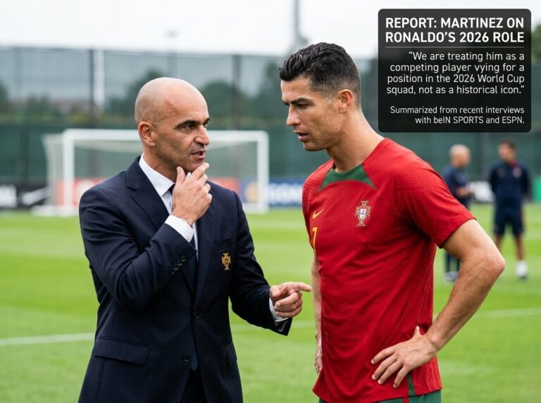 Roberto Martínez and Cristiano Ronaldo discussing tactics during Portugal national team training session for World Cup 2026.