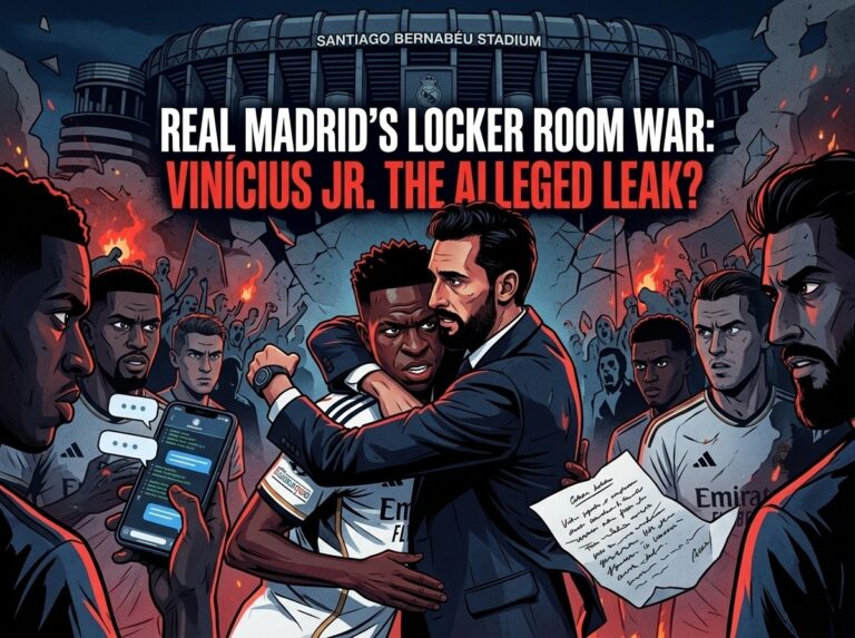 Vinícius Júnior and Álvaro Arbeloa at Santiago Bernabéu stadium amidst Real Madrid locker room leak allegations and player tensions.