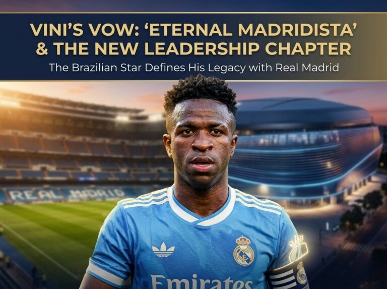 Vinicius Junior in blue Real Madrid kit with captain's armband, pointing forward, featuring text overlay: Vini’s Vow: ‘Eternal Madridista’ & The New Leadership Chapter. Santiago Bernabeu stadium in background.